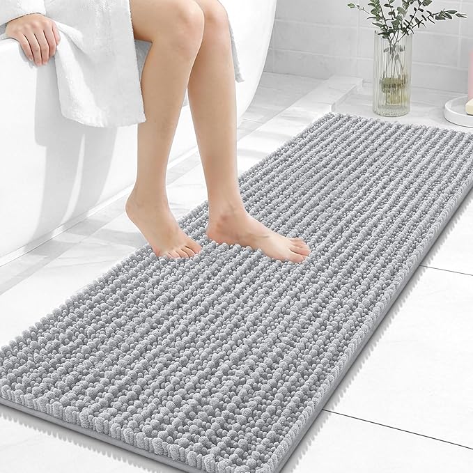 OLANLY Long Bathroom Rugs Runner 47x17, Thick Soft and Absorbent Chenille Bath Mat, Non-Slip, Machine Washable Quick Dry Bath Rugs for Tub Shower Floor, Home Decor Accessories, Light Grey