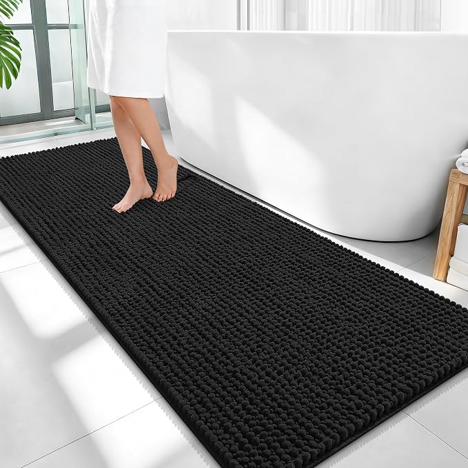 OLANLY Thick Bathroom Runner Rugs 59x24, Extra Soft Absorbent Chenille Bath Rugs, Rubber Backing, Machine Wash Dry, Long Bath Mats for Bathroom Floor, Tub and Shower, Home Decor Accessories, Black