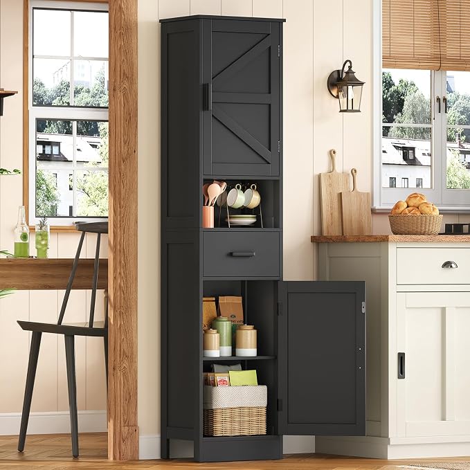 TEENFON Tall Bathroom Storage Cabinet with Barn Doors, Narrow Bathroom Cabinet with Drawer, Narrow Storage Unit, Adjustable Shelves, Floor Cabinets for Living Room, Entryway, Kitchen, Black