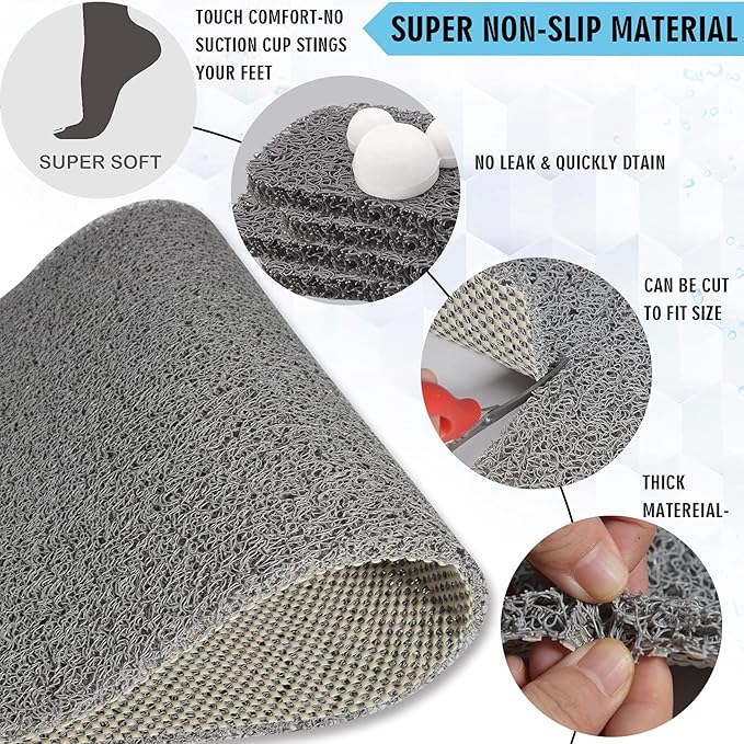 godehone Shower Mats Non Slip Without Suction Cups, PVC Loofah Bathroom Mats, Loofah Mats for Shower and Bathroom, Quick Drying, 23.6× 34.6 Inch, Grey