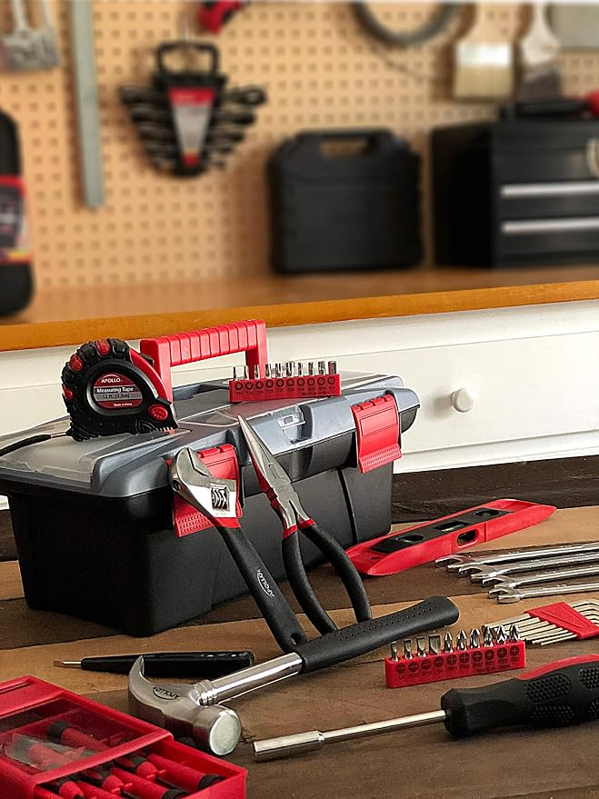 Apollo Tools 53 Piece Household Tool Set Includes Tools and Tool Box with a Selection of Most Needed Tools for Basic DIY Repairs, Maintenance and Crafts - Red