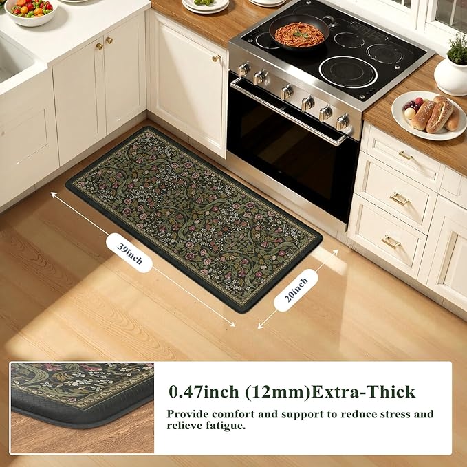 Collive Kitchen Mats for Floor, Cushioned Anti Fatigue Mat Non Slip Waterproof Kitchens Sink Rug, Green Vintage Floral Rugs Comfort Standing Mat for Laundry, Desk, Bar, Office, 20"x39"