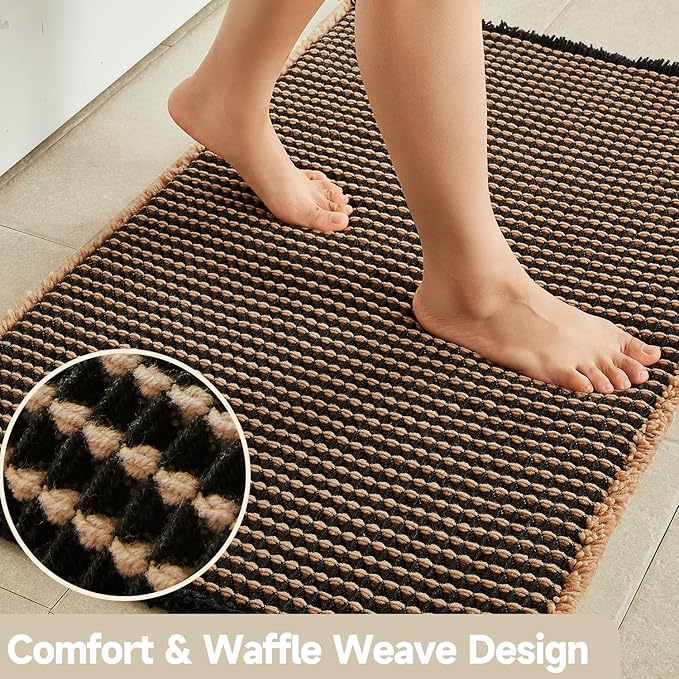 TYUU Waffle Runner Rug Bathroom, Long Boho Bathroom Rugs Non Slip Washable Super Absorbent Quick Dry Farmhouse Bath Decor, 60"x24" Khaki and Black