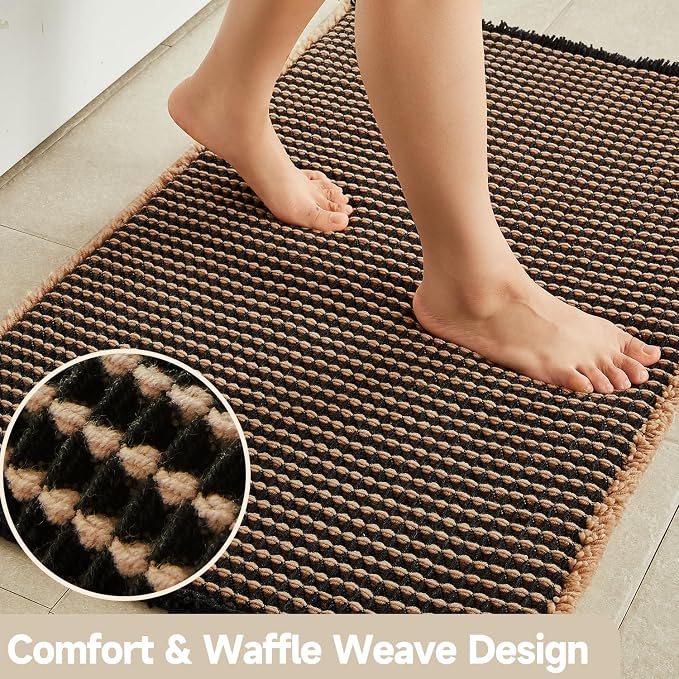 TYUU Waffle Bath Mat, Boho Bathroom Rugs Non Slip Washable Super Absorbent Quick Dry Bath Mat Farmhouse Bathroom Decor, 36"x24" Khaki and Black