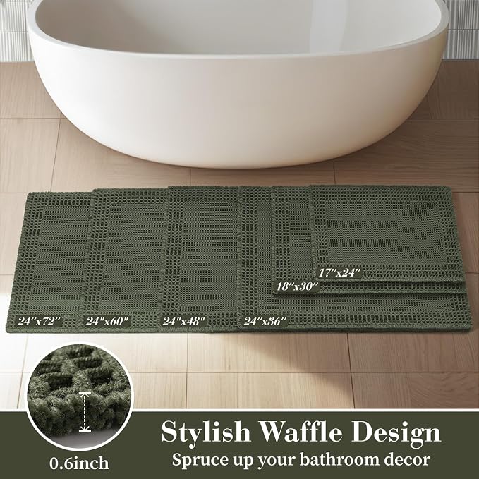 RESARE Waffle Bathroom Runner Rugs, Super Absorbent Bath Mat Non Slip Washable Quick Dry, Upgraded Ultra Soft Boho Bath Rugs with Tassels, Farmhouse Home Decor Accessories, 2'x5'(24"x60") Green
