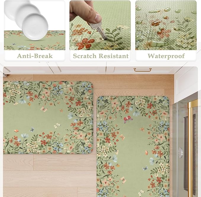 KIMODE Anti Fatigue Kitchen Mat for Floor, 17"x47"+17"x29" Butterfly Flower Kitchen Rugs Non Skid, Cushioned Padded Kitchen Floor Mat, Comfort Standing Mat for Laundry Office Sink Desk Sage Green