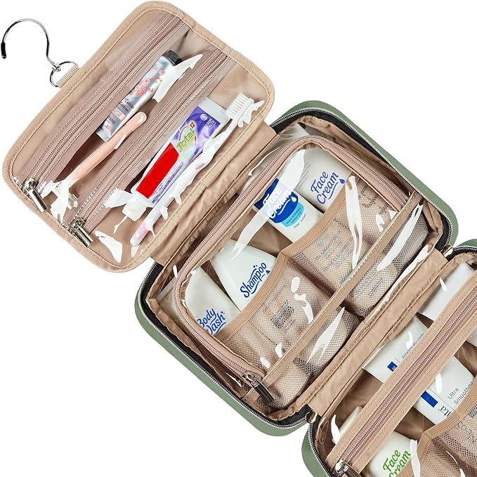 NISHEL Travel Toiletry Bag for women, Portable Hanging Organizer for Travel-Sized Shampoo, Conditioner, Brushes Set, Makeup Accessories, Medium Size, Purple, Bronze Green