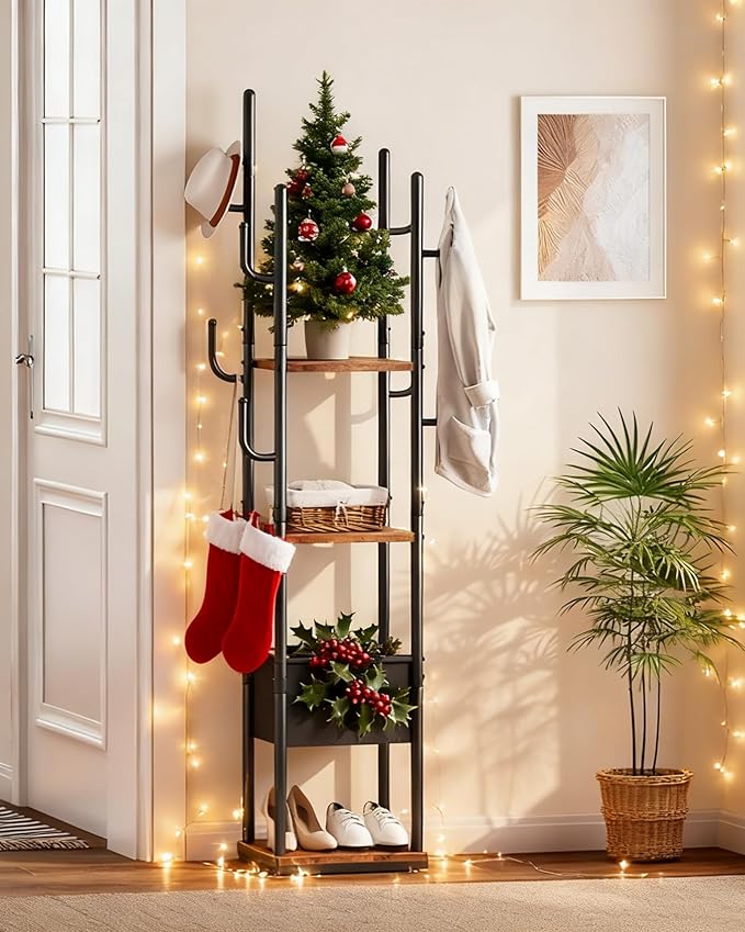 CHOEZON Coat Rack Freestanding, Coat Rack with 3 Shelves, 8 Hooks and 1 Fabric Pouch, Square Coat Hanger Stand, Metal Clothes Tree for Living Room, Bedroom, Entryway, Rustic Brown and Black TYM03BF