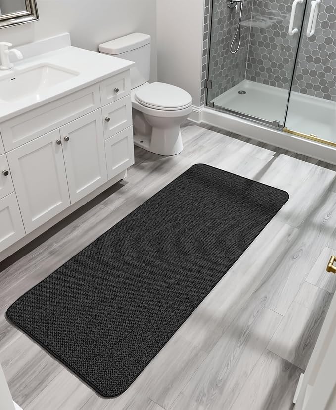 Bosap Bath Mat,Ultra Thin Bathroom Runner Rugs,Large Bath Mats for Bathroom,Quick Dry,Non-Slip,Machine Washable,Low Pile,Bath Rug,Shower Outside,Sink,Home Decor Accessories.Black,3'x5'(36x60inch)