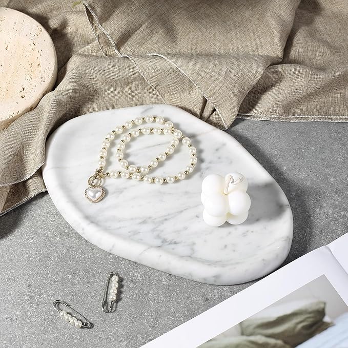 Koville Luxurious Natural Marble Vanity Tray for Home Decor, Cloud Shape Serving Stone Key Tray, 10" x 7" Marble Storage Trays for Bathroom, Stone Plate for Perfume, Candle and Jewelry（Bianco Carrara）