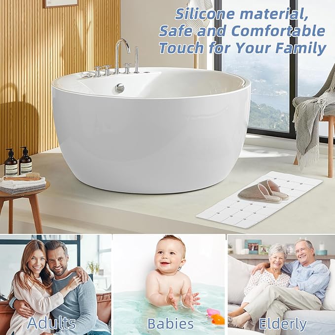 Bathtub Mat Non Slip 15" x 28" Silicone Foldable Tub Mat with Strong Suction Cups & Large Drain Holes, Durable & Eco-Friendly, for Smooth Surfaces, Ideal for Seniors, Adults White