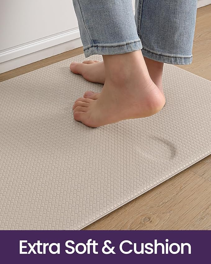 DEXI Kitchen Floor Mats Cushioned Anti Fatigue,17x29+17x59, Standing Runner Rug Waterproof, Comfort Memory Foam Padded for Front Sink Laundry Set of 2, Beige