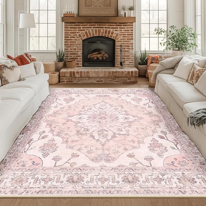RELEANY Area Rugs Square 8ft Washable Non-Slip, Floral Vintage Distress Medallion Carpet for Living Room Bedroom Dining Room, Pink Greypink Cute