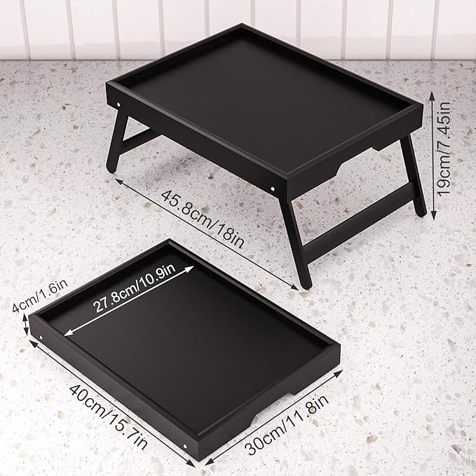 Fibogollo 2 Pack Bamboo Bed Tray Table with Folding Legs,Breakfast Trays,Serving Tray for Food and Snack,Laptop Trays for Working(Black)