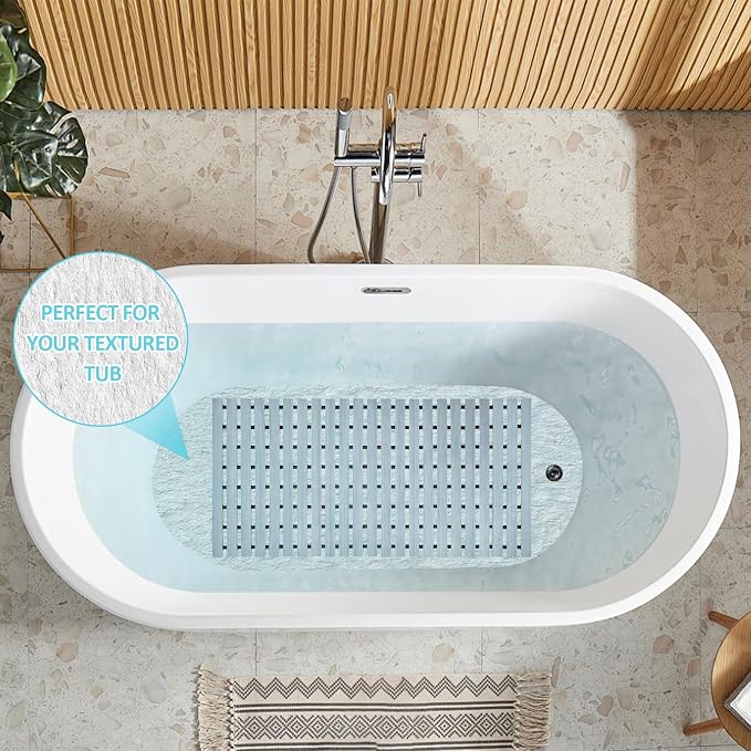 Grey Weighted Non Slip Bathtub Mat Without Suction Cups,Textured TPE Bath Mat for Textured Tub & Shower Surfaces,Doesn't Float, Works on Tile and Stone(33.8”x 17”)