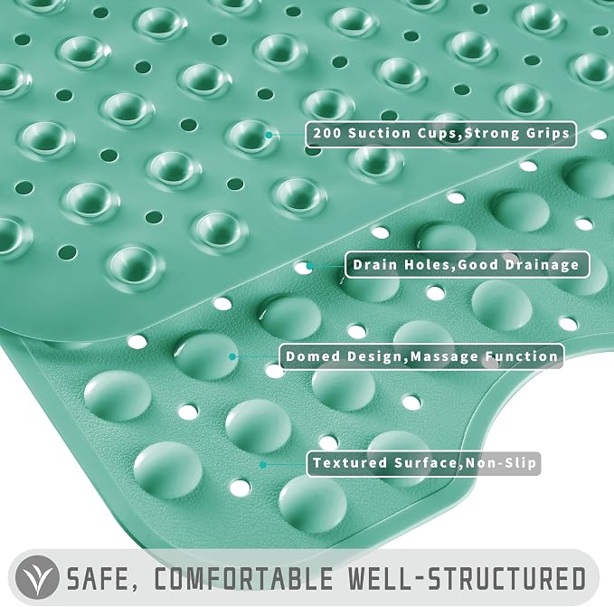 Yimobra Non Slip Bathtub Mat 40 x 16 Inch, Extra Long Shower Mat with Drain Holes, Machine Washable Baby Bath Mats, Strong Suction Cups for Bathroom Floor, Green