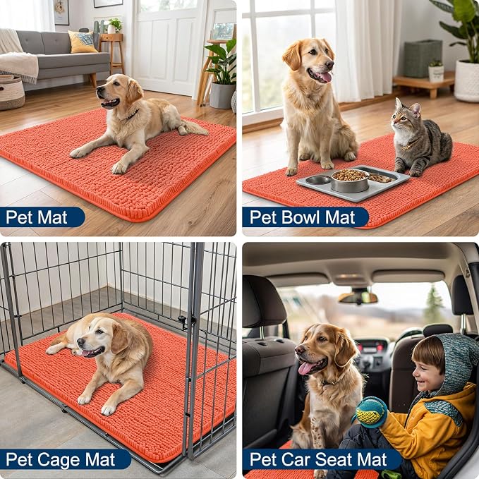 Smiry Dog Door Mat for Muddy Paws 30x20, Absorbent Dirt Trapper, Non-Slip Washable Chenille Entryway Rug for Inside Floor, Coral, Classic Solid