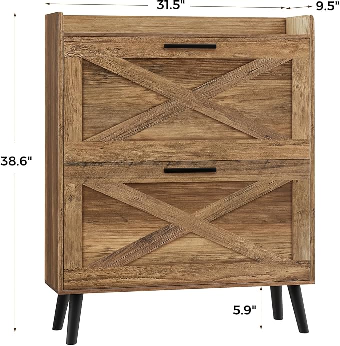 Homleke 32" W Farmhouse Shoe Storage Cabinet with 2 Flip Drawers and Barn Door Design, Adjustable Shelves, Hidden Slim Narrow Shoe Rack Cabinet for Entryway, Foyer, Hallway, Living Room, Rustic Walnut