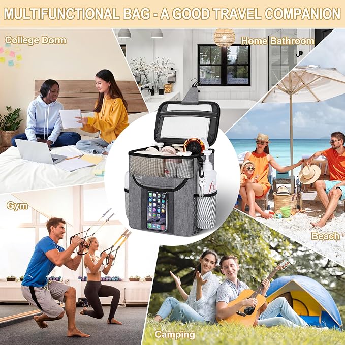 Attmu Shower Caddy Portable for Dorm Room Essentials, Hanging Shower Bag for College, Large Capacity Mesh Shower Caddy for Bath Essentials (Gray)
