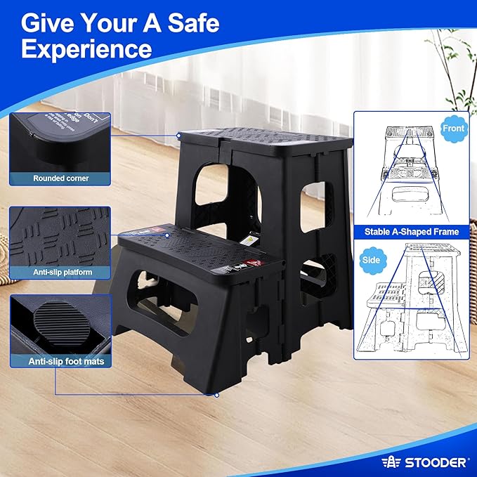 Folding Step Stool, 2-Step 8" 17", Non-Slip, 300lb Capacity | No Assembly, Stable A-Frame, Safety Lock, Anti-Slip Rubber Feet, Collapsible Stool for Kitchen Bathroom Bed RV Offic Garden