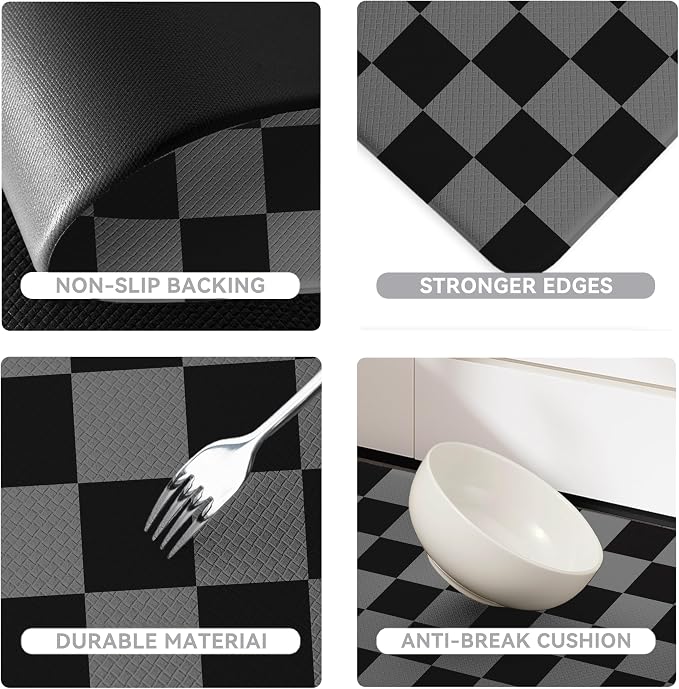 Black Grey Checkered Grid Checkerboard Kitchen Rug Sets [2 PCs], Anti-Fatigue, Waterproof Non-Slip Kitchen Mats Heavy Duty Comfort Foam Rug for Kitchen, Floor, Laundry,17"x29"+17"x47"