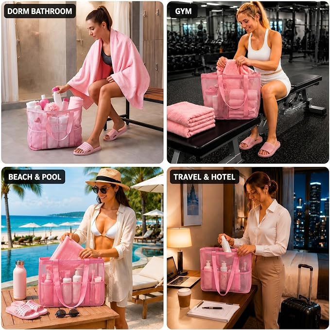 Hosuly 3-in-1 Dorm Shower Kit Large Mesh Shower Caddy, 2 Pack Quick Dry Microfiber Towels 28'' x 55''& Non-Slip Bathroom Shoes, and Quick Dry Gym Travel Kit for Women
