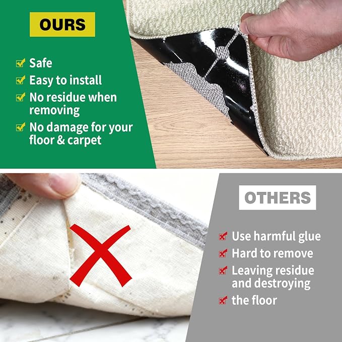 16 PCS Carpet Tape, Non Slip Rug Corner Pads for Hardwood Tile, No Residue | Reusable Removable Double Sided Adhesive,Secures Area Rug Corners,Fits Laminate LVP Floors,Rug Stickers,No Floor Damage