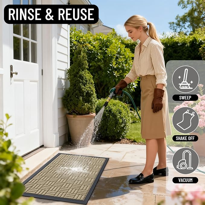 OLANLY Front Door Mat Outside Entrance 29.5x17, Absorbent, Heavy Duty Sturdy Natural Rubber Doormat Indoor Outdoor, Stain and Fade Resistant, Non-Slip Backing Low Profile Floor Mat for Entryway, Beige