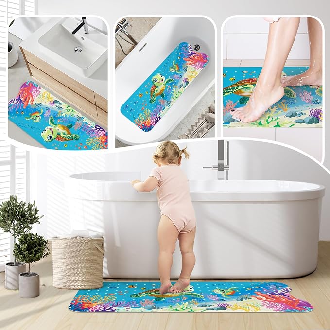 SHUCHING Baby Bath Mat for Tub Non Slip-40 X 16 Inch, Bathtub Mat Non Slip for Kids, Toddler Long Shower Mat for Bathroom, Sea Turtle