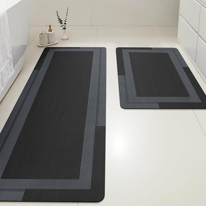 ACCUMTEK Non Slip Bath Mat, Thin Bathroom Rugs Fit Under Door, Quick Dry Bath Mats, Machine Washable Bath Rugs for Bathroom, Bathtub & Kitchen, Bathtub, Black/Bordered/24 x17+48"x20"