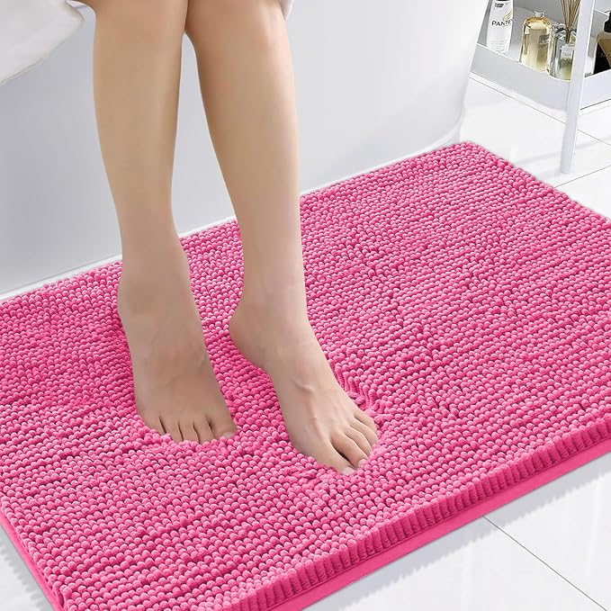 Smiry Luxury Chenille Bathroom Rugs 36x24, Extra Soft and Absorbent Shaggy Bath Mat, Machine Washable, Non-Slip Plush Carpet Runner for Tub, Shower, and Floor, Home Decor Accessories, Hot Pink