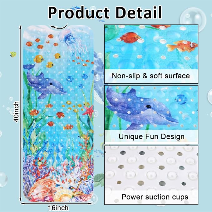 Topotdor Baby Bathtub Mat Non Slip for Kids, 40 X 16 Inch Cute Cartoon Bath Tub Shower Mat Anti Slip with Suction Cups & Drain Holes, Coral Fish