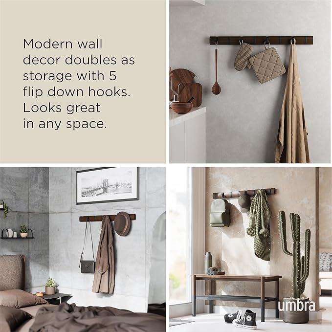 Umbra Flip Wall-Mounted Coat Rack with 8 Hooks – Modern, Space-Saving Storage for Hats, Jackets, Bags, Entryway, Mudroom, Closet, Bathroom, Bedroom – Black/Walnut