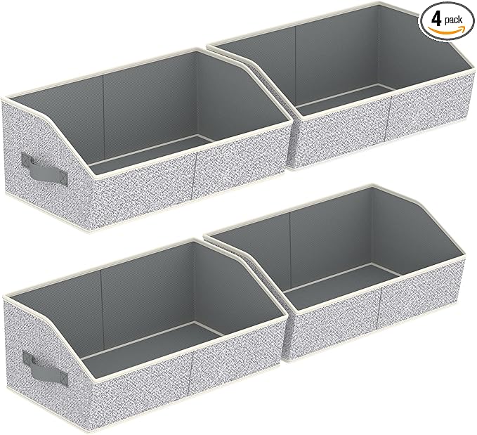 Homsorout Storage Bins for Shelves - Large Trapezoid Closet Shelf Organizer, Fabric Organization Bins with Handles, Storage Baskets for Clothes, Towel, Purse, 4 Pack, Light Gray