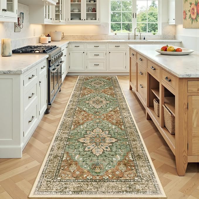 RELEANY Area Rugs Runner 2'x8' Washable Non-Slip, Floral Vintage Distress Medallion Carpet for Kitchen Hallway Bedroom Beside Laundry Room Bathroom, Terracotta Burnt Orange Green