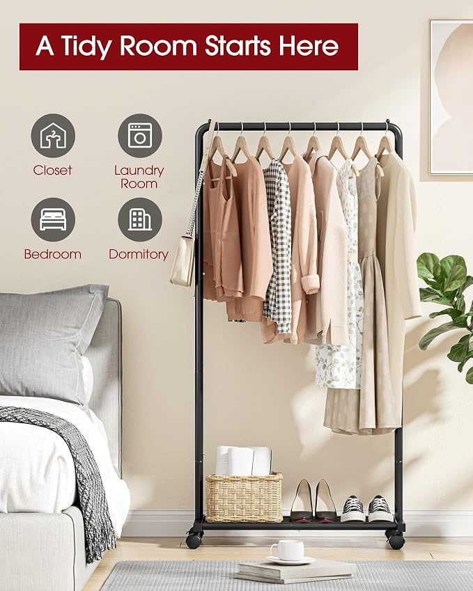 Sakugi Clothes Rack - Clothing Rack with Storage Mesh Shelf & Casters, Heavy-Duty Metal Clothing Rack for Hanging Clothes, Dresses, Coats, Large Load Capacity, Easy Assembly, Black, 28.0"x16.9"x59.0"