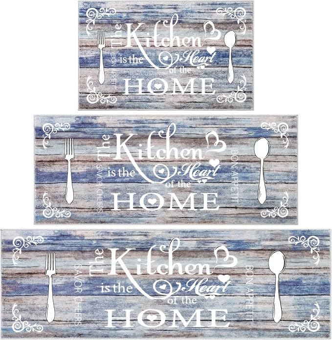 Vaukki Boho Kitchen Rug Sets 3 Pieces, Washable Kitchen Mats for Floor, Non Slip Soft Kitchen Area Rug Floor Mat for Kitchen, Laundry Room and Hallway (Blue and Brown, 20''x32''+20''x47''+20''x59'')