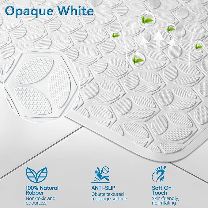 Bathtub Mat Non Slip with Suction Cups - 100% Rubber Bathroom Mat Textured for Bath Tub Shower Safety - Soft on Touch - BPA/PVC Free - Pet Dog Bath Mat - Machine Washable - 17 × 35 Inch（White）
