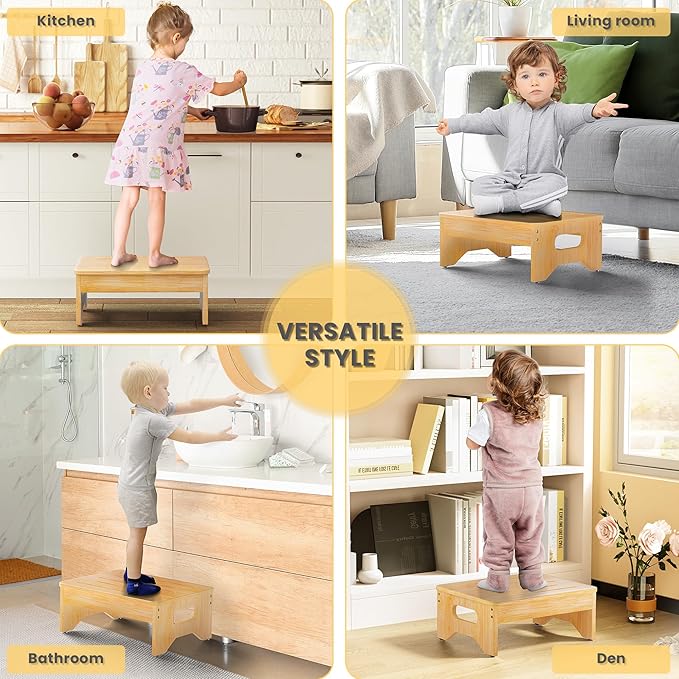 Wooden Step Stool for Adults & Kids, Non-Slip Rubber Feet, 6.5 INCH High, Lightweight Small Step, 450 LBS Capacity, Bed Step Stool for High Bed, Bathroom & Kitchen (Bamboo)