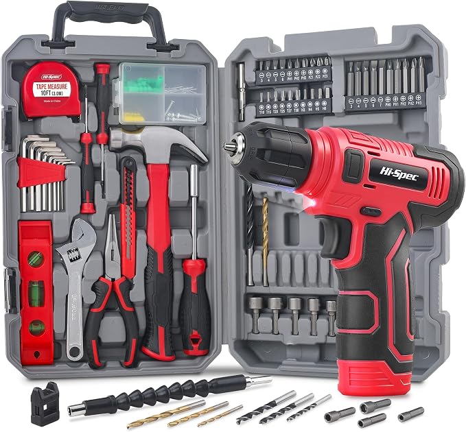 Hi-Spec Tool Set with 8V Cordless Drill Set. Complete DIY Tool Kit with USB Rechargeable Electric Drill Driver for Women and Men, Home Repair & Maintenance, in a Compact Toolbox.