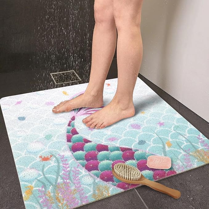 Square Shower Mats for Inside Shower, Mermaid Non Slip Bath Mat Quick Drying Bathmat Easy Cleaning Cute Shower Matt for Kids Bathroom Floor, Textured Surface Shower Foot Scrubber Mat, 24″X24″