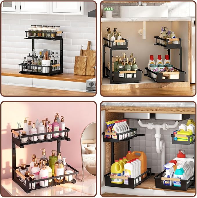 4 Pack L-Shape Under Sink Organizer, 2 Tier Pull Out Cabinet Organizer with 5-Level Adjustable Height, Double Sliding Metal Storage Rack for Kitchen Bathroom Pantry, Black