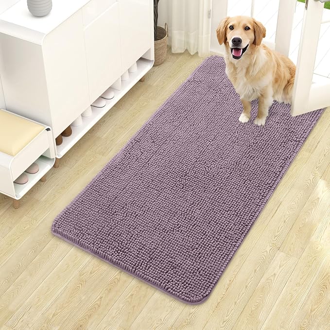 OLANLY Dog Door Mat for Muddy Paws 40x24, Absorbs Moisture and Dirt, Absorbent Non-Slip Washable Doormat, Quick Dry Chenille Mud Mat for Dogs, Entry Indoor Entryway Carpet for Inside Floor, Deep Plum