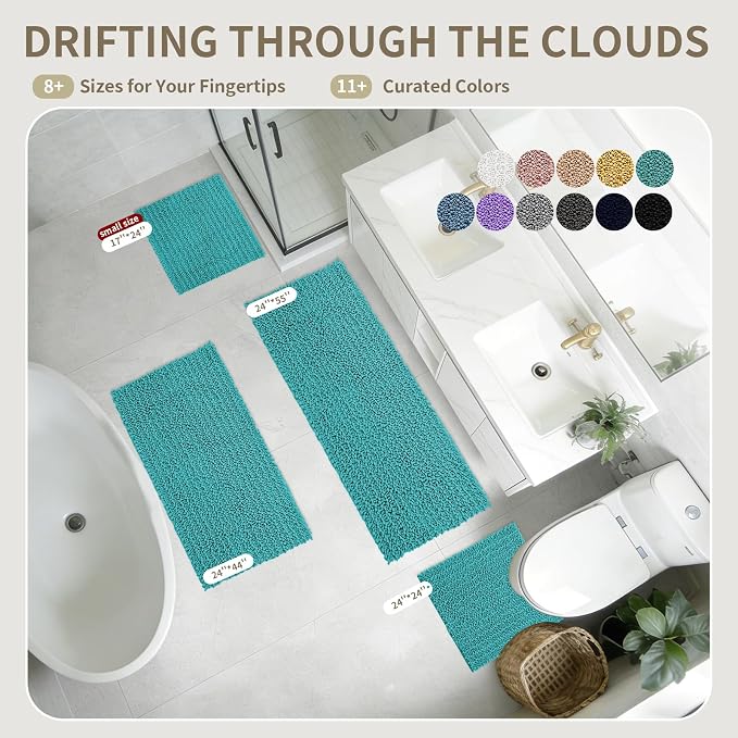 Bathroom Rugs Non Slip Washable 44x24, Extra Thick Soft Chenille Absorbent Bath Mat, High Density Barrier Non Slip Backing, Quick Dry Plush Shaggy Floor Carpet for Tub&Shower, TealBlue