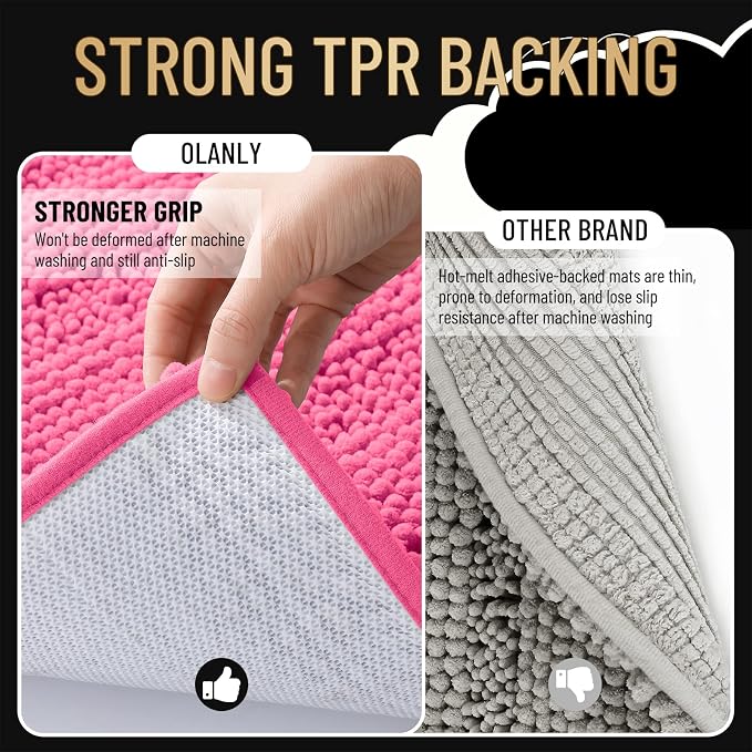 OLANLY Thick Bathroom Rugs 36x24, Extra Soft Absorbent Chenille Striped Bath Rugs, Rubber Backing, Machine Wash Dry, Bath Mats for Bathroom Floor, Tub and Shower, Home Decor Accessories, Hot Pink