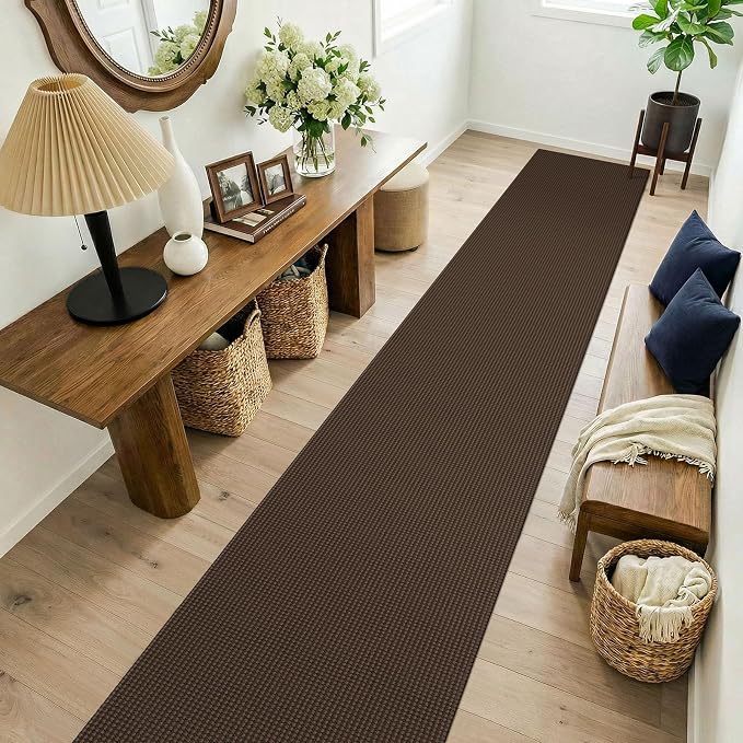 KOZYFLY Cotton 2x14 Runners Rugs for Hallway, Long Washable Runner Rug, Woven Non Slip Kitchen Runner, Flatweave Entryway Rug, Floor Carpet for Entry, Aisle, Hall, Brown/Dark Brown