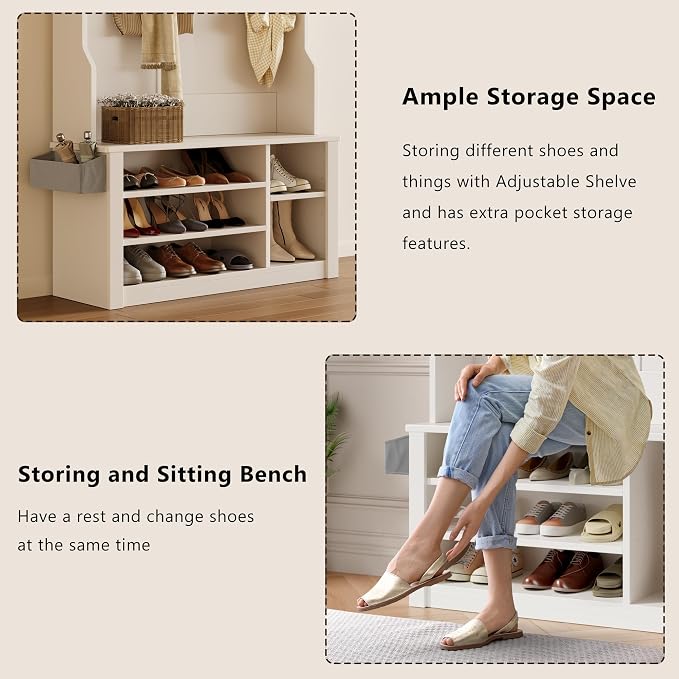 Aiho Hall Tree with Bench and Shoe Storage, 3-in-1 Entryway Hall Tree, with Adjustable Shoe Storage, for Entryway, Hallway, White