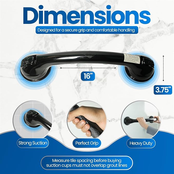 Safe-er-Grip Changing Lifestyles Suction Cup Shower Grab Bar 16 Inch Safety Assist Handle for Bathtub and Shower No Drill Portable Balance Support Non Slip Grip Black