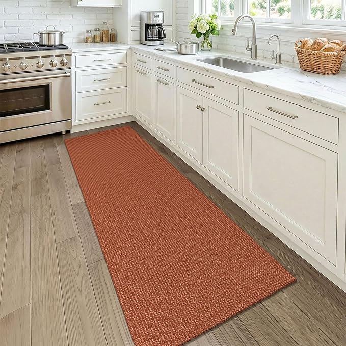 KOZYFLY Orange 2x7 Washable Kitchen Runner Rug, Non Slip Runners for Hallway, Cotton Entryway Runner, Braided Floor Carpet for Entry, Kitchen, Bedside, Hall, Burnt Orange/Tan