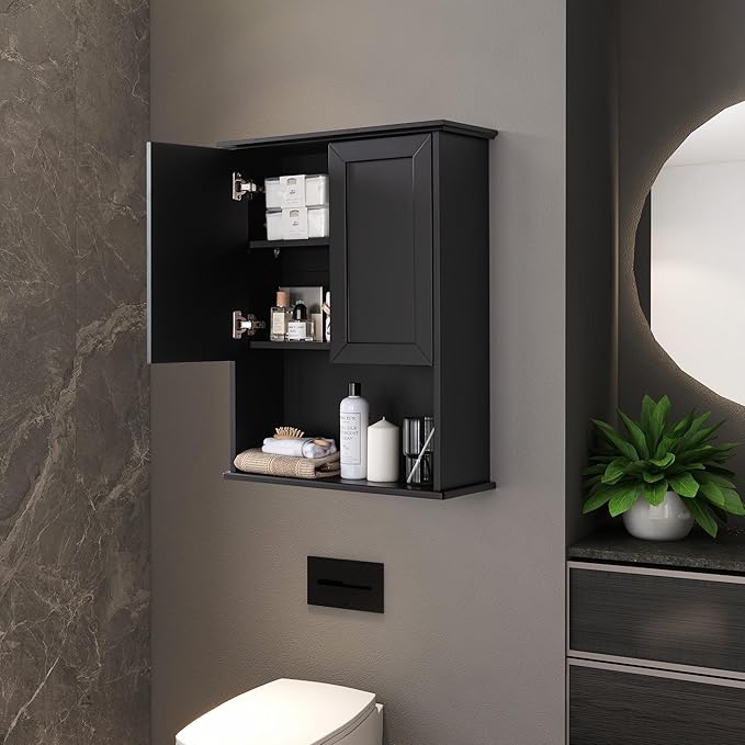 VANIRROR Black Bathroom Wall Cabinet 23x29 inch Wooden Bathroom Medicine Cabinet with 2 Doors and Adjustable Shelf, Wall Mounted Cabinet Over Toilet Storage Cabinet | 2 Doors